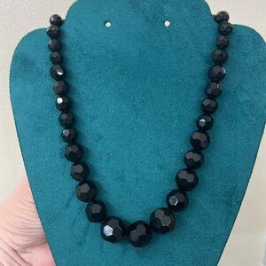 Czech glass black faceted Vintage bead necklace Art Deco Victorian Style